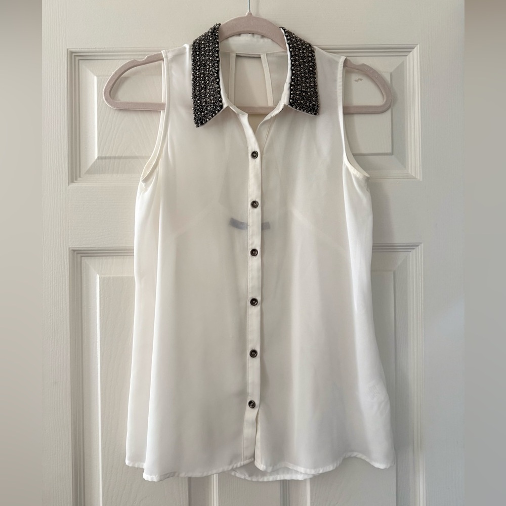 Foreign Exchange Beaded Collar Chiffon Blouse